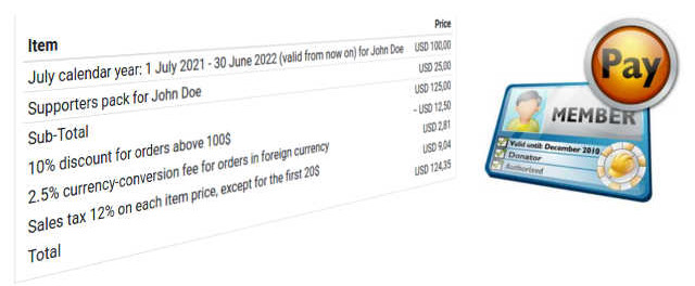 CBSubs order with examples of 10% discount for orders above 100$, 2.5% currency-conversion fee for foreign currencies and a sales tax of 12% on each item, except for the first 20$