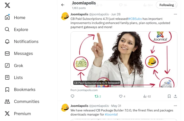 Screenshot of a Twitter post about Joomlapolis CBSubs release, showing a woman pointing at a graph.