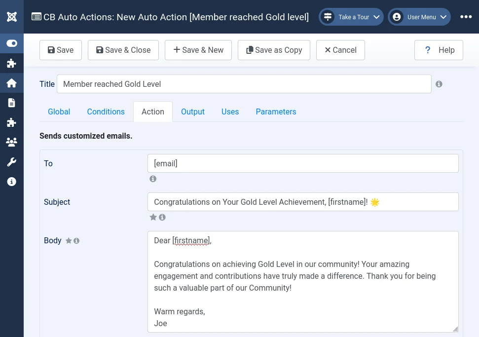 Screenshot of the CB Auto Actions add-on in Joomlapolis Community Builder, displaying a new auto action titled 'Member reached Gold Level.' The interface includes fields for email recipient, subject line, and body text for a customized congratulatory email to members who achieve Gold Level status.