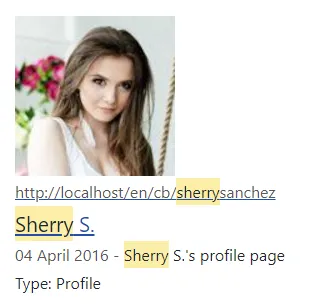 Screenshot of a Joomla Smart Search result for "Sherry," displaying a profile result with a profile picture, name, and link to the profile page.